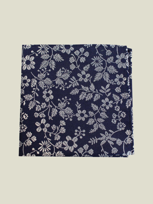 Pure Silk Woven - Navy and Silver Floral Hankie