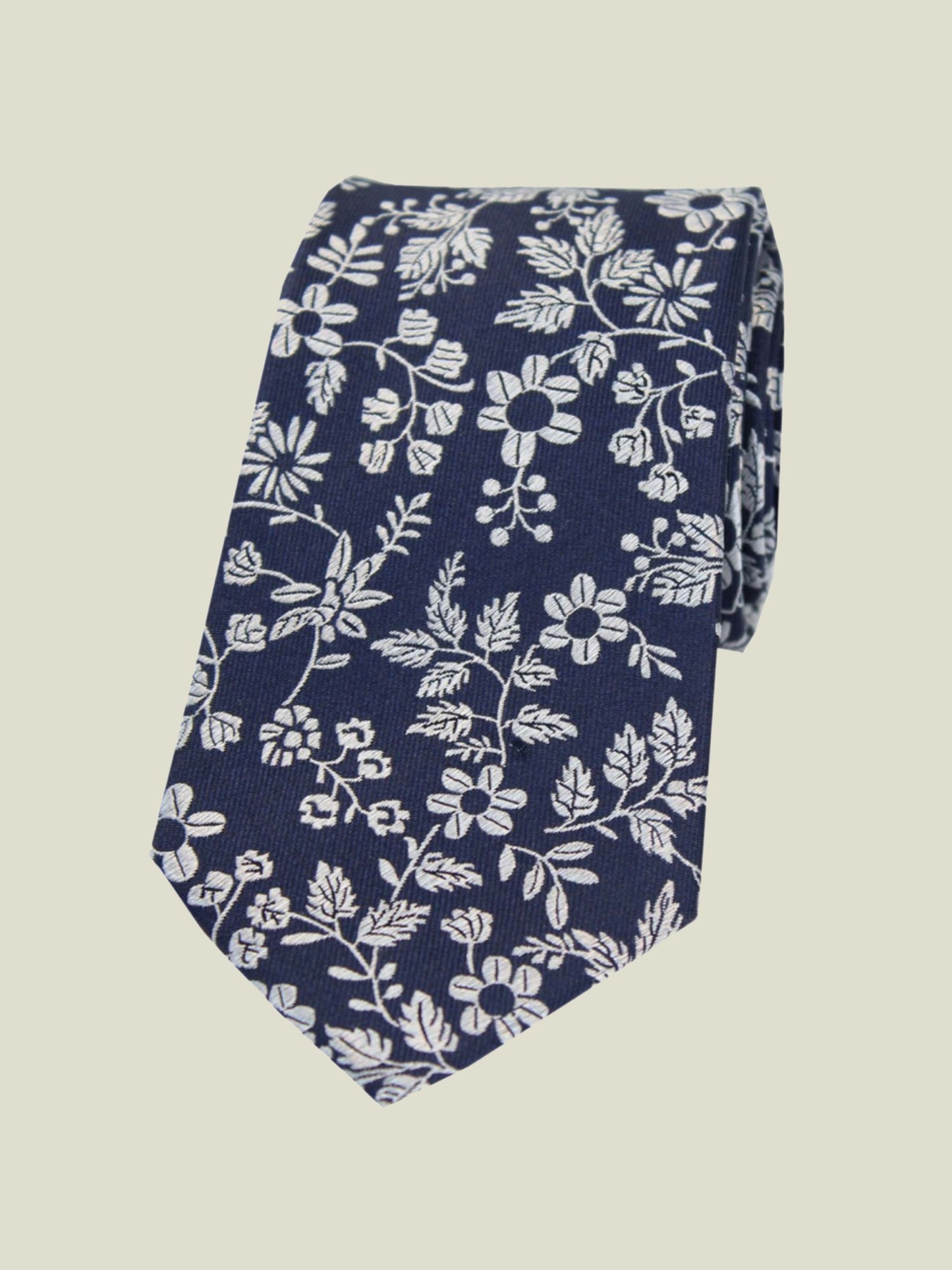 Pure Silk Woven - Navy and Silver Floral Tie