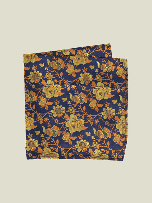Pure Silk Woven - Navy and Gold Floral Hankie