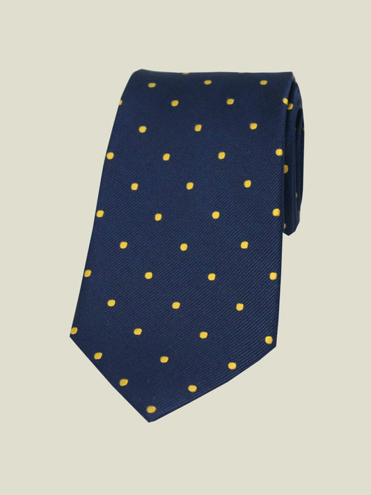 Pure Silk Woven - Navy and Yellow Polka Dot Tie