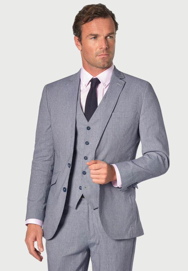 Anderson Blue Puppytooth Cotton Linen Three Piece Suit - Waistcoat