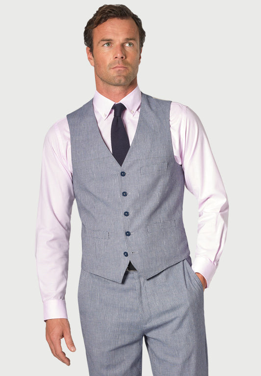 Anderson Blue Puppytooth Cotton Linen Three Piece Suit - Waistcoat