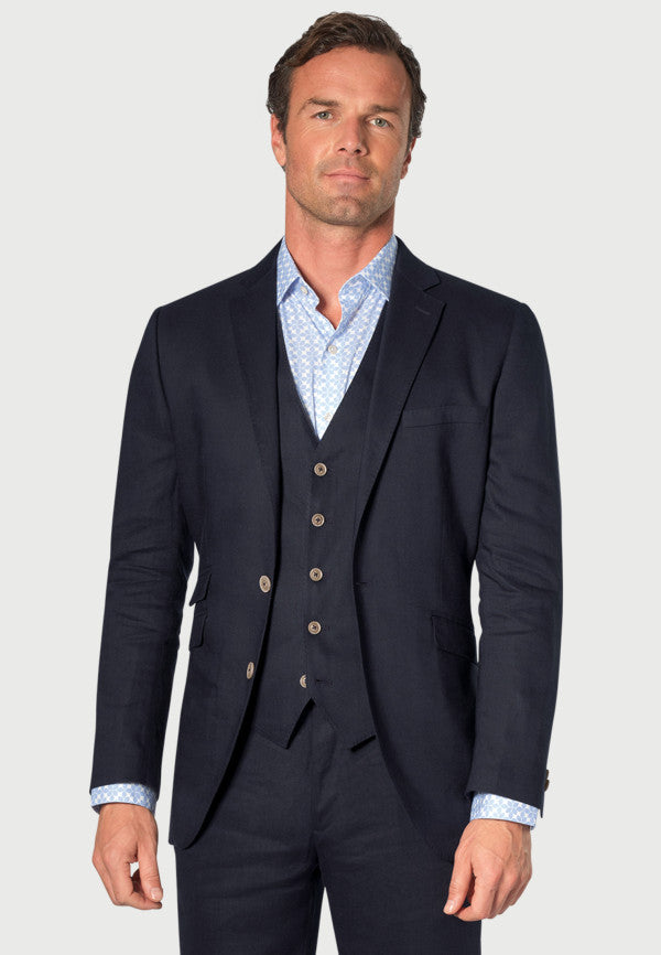 Gower Navy Linen Mix Three Piece Suit - Waistcoat